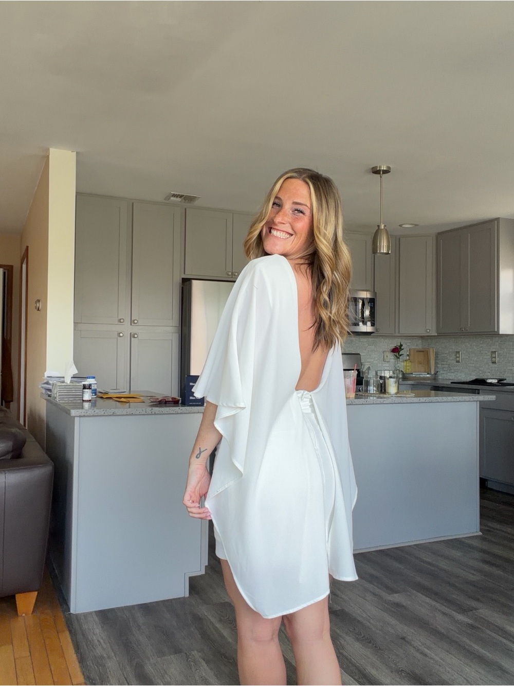 White Open-Back Flutter Sleeve Dress